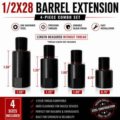 1/2x28 Steel Barrel Extension Spacer Combo Set 0.75 1 1.25 1.5 BlackUpgrade your