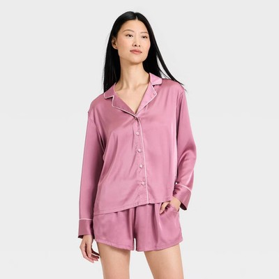 Women Luxury Collection Satin Notch Collar Long Sleeve Shirt and Shorts Pajama