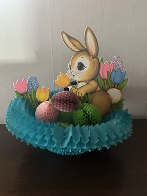 Vtg Beistle Honeycomb Bunny Rabbit Blue Easter Basket Nest Egg Centerpiece
