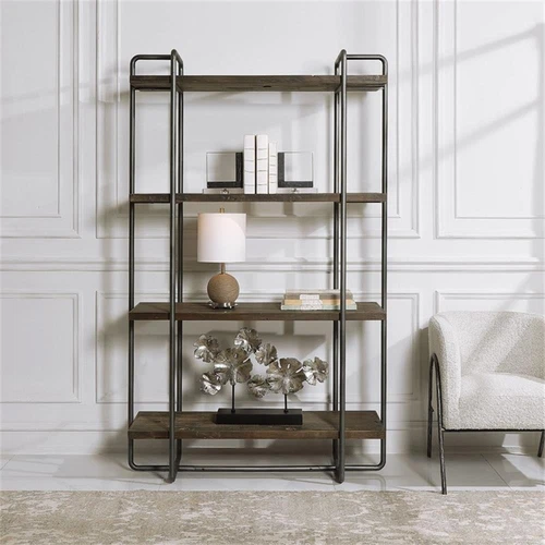 Uttermost Stilo Farmhouse Boat Wood Plywood and Steel Etagere in Brown/Gray - Picture 7 of 8