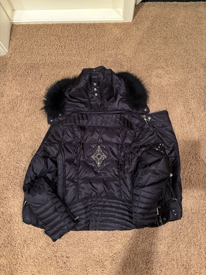 Chaqueta de esquí Bogner para mujer talla 42 negra capucha extraíble piel sintética, deslumbrante Foto 3 de 4