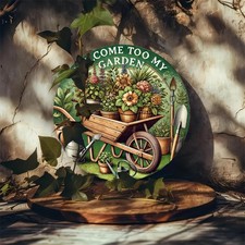 Garden Welcome Sign Plaque Round Printed Tin Metal Sign Wall Art 8x8