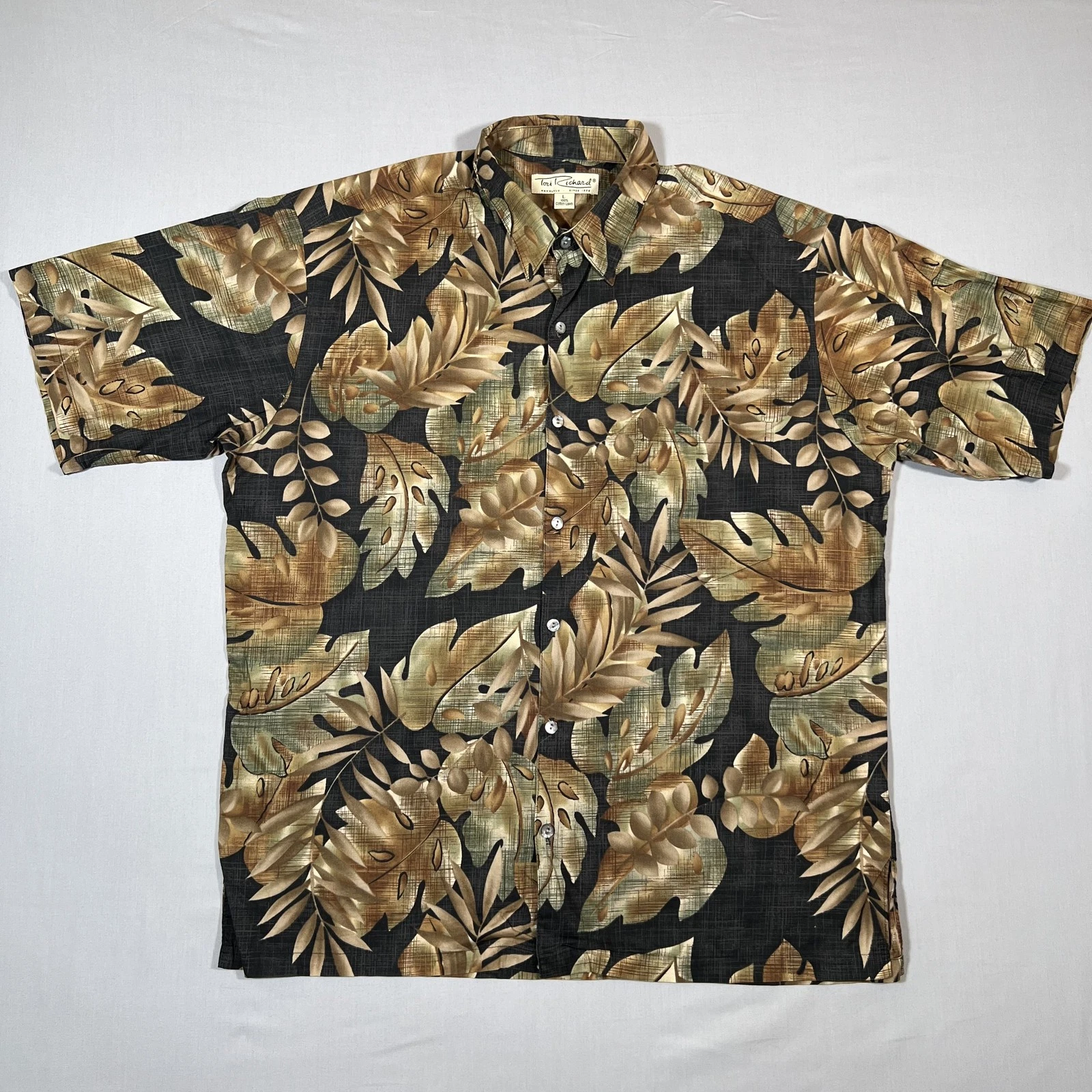 Tori Richard Men's Large L Hawaiian Aloha Shirt Cotton Lawn Tropical Leaf Black