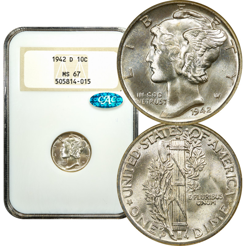 1942-D Mercury Dime 10c NGC MS67 CAC