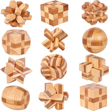 12Pcs Wooden Brain Teaser Puzzles, IQ Challenge Puzzle Games, Logic Smart Mind P