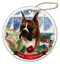 Fawn Boxer Cropped Ears Dog Porcelain Ornament 'Santa.. I Can Explain '