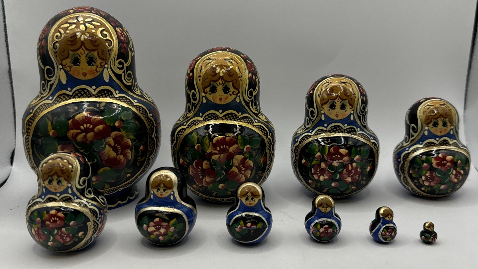 Vintage Russian 10-Piece Floral Hand-Painted Nesting Dolls Signed Cepzuer