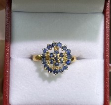 14k Solid Yellow Gold Round Cluster Ring Natural Sapphire, Sz 8, 2.79 Grams
