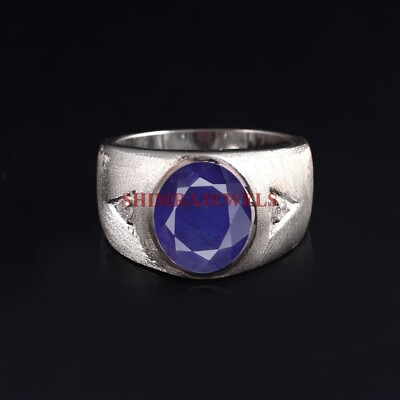 Heated Blue Sapphire Gemstone With 14K White Gold Plated Silver Men's Ring #1314
