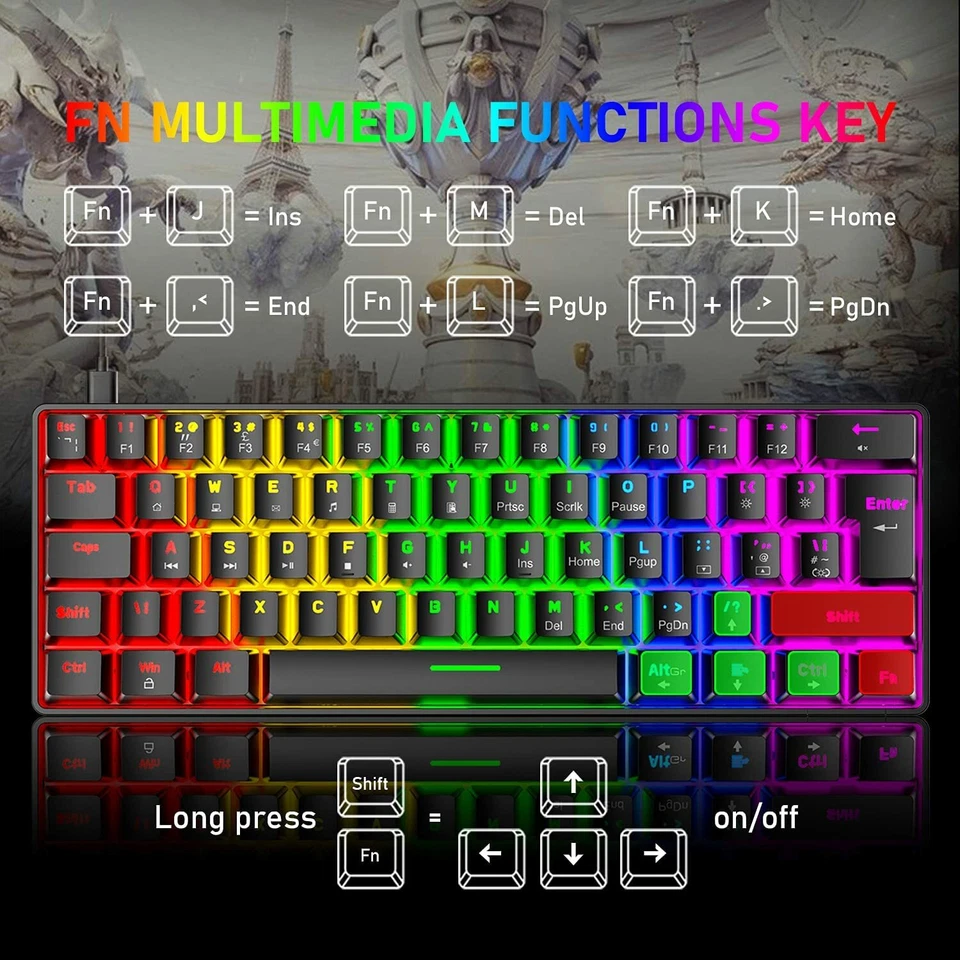 Wired 62 Keys Gaming Keyboard Mouse Combo Mechancial Rainbow RGB Backlit PC Xbox - Image 4 of 4