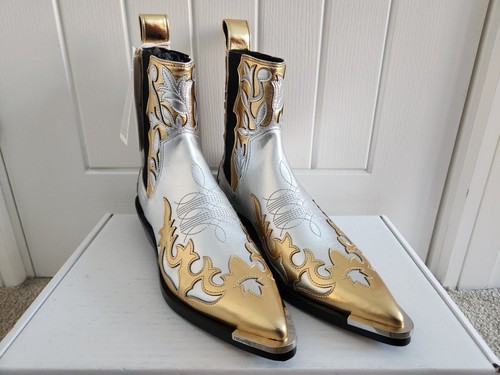 Paco Rabanne x H&M RARE Gold Silver Cowboy Boots UK5 EU38 Full Leather Brand New - Picture 3 of 15
