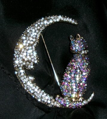 Moon Cat Pin Brooch-Clear AB Rhinestones-NEW