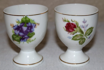 Porcelain Egg Cups Purple Violet & Pink Rose with Gold Trim Set of Two Vintage