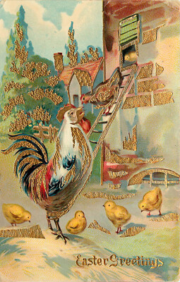 Embossed Gilded Easter Postcard Rooster Crows Chicks Come out of Coop 236