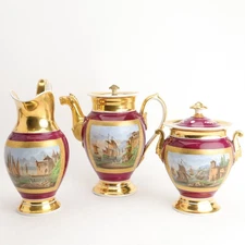 Old Paris Porcelain Tea or Coffee Service Harbor Scenes Gilt Decorated Empire
