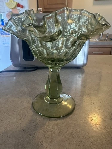 Vtg Fenton Collectible  Colonial Green Glass Ruffled Edge Candy Dish/Vase  6"H