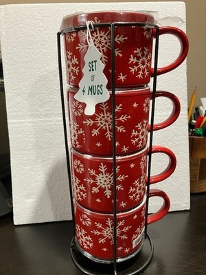 BRAND NEW Set of 4:  Eccolo Stackable Mug Set w/Metal Rack - Snowflake Design