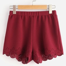 SHEIN Women Red Elastic Waist Textured Laser Cut Scallop Shorts Small