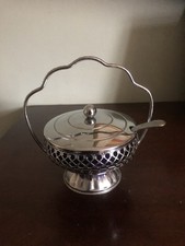 Vintage Silver Plate Jam Pot  blue glass  liner  v g  con