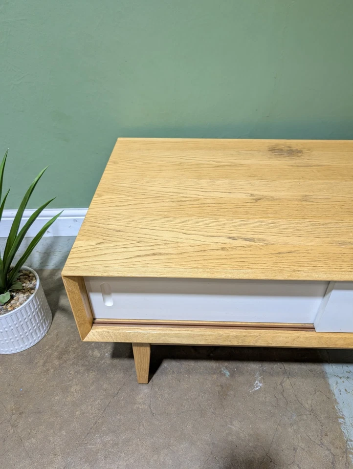 Contemporary Modern Oak Coffee Table Mid Century Danish Style Storage White Door - Image 4 of 4