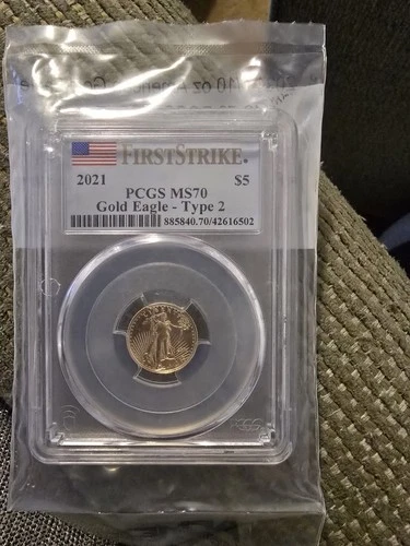 GOLD**2021 American Gold Eagle Type 2 $5 1/10th Ounce Gold Coin PCGS Graded MS70