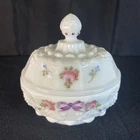 Vintage Westmoreland Milk Glass Covered Dish Hand Painted Roses and Bows, Grapes
