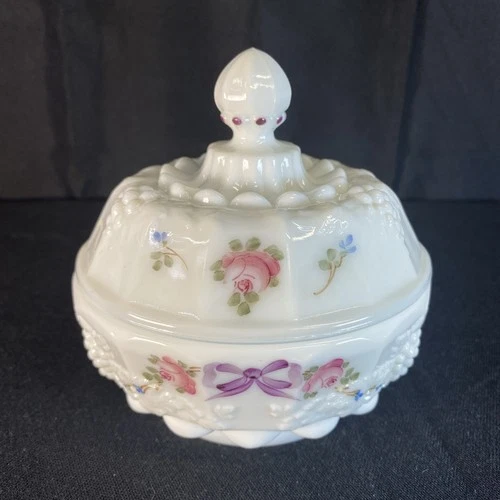 Vintage Westmoreland Milk Glass Covered Dish Hand Painted Roses and Bows, Grapes