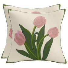Embroidery Throw Pillow Covers 18x18 Pack of 2 Pink Tulip Flower Pillowcases ...