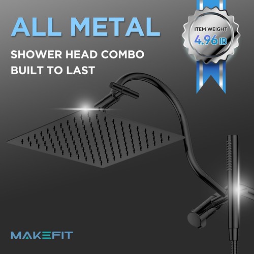 All Metal Dual Shower Head Combo with Curved Extension Arm, 10" High Pressure... - Picture 2 of 6