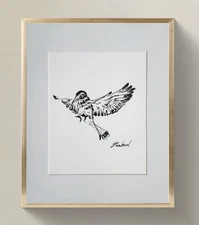 Original Ink Bird Drawing on Watercolor Paper_ Minimalist Art Signed by Artist
