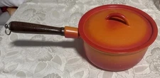 Vintage Descoware #18 Cast Iron Enamel Ware 7" Saucepan in Flame Orange w/ Lid