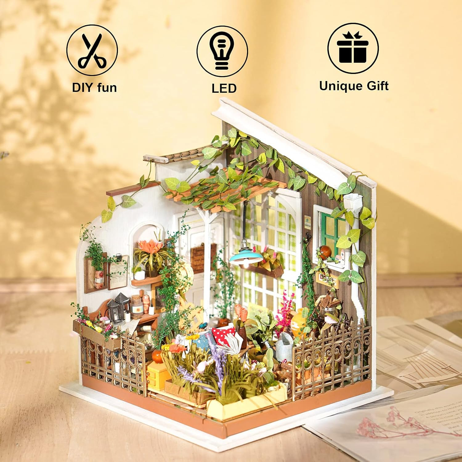 Dollhouse DIY Miniature Set Garden House LED Model Building Kit Hobby Crafthome 
