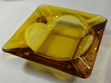 Vintage Square Heavy Glass Amber Orange Cigar Cigarette Ashtray 6" X 6" Ash tray