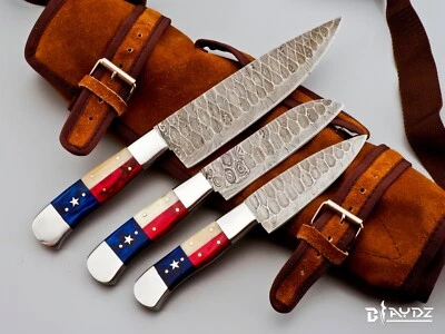 3 Pcs Custom HAND FORGED TEXAS FLAG DAMASCUS STEEL CHEF KNIFE Set Kitchen Knives