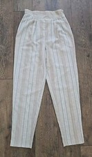 VTG High Waist Pleated Pants Size S Striped Beige Tan Blue Pockets Tapered Leg