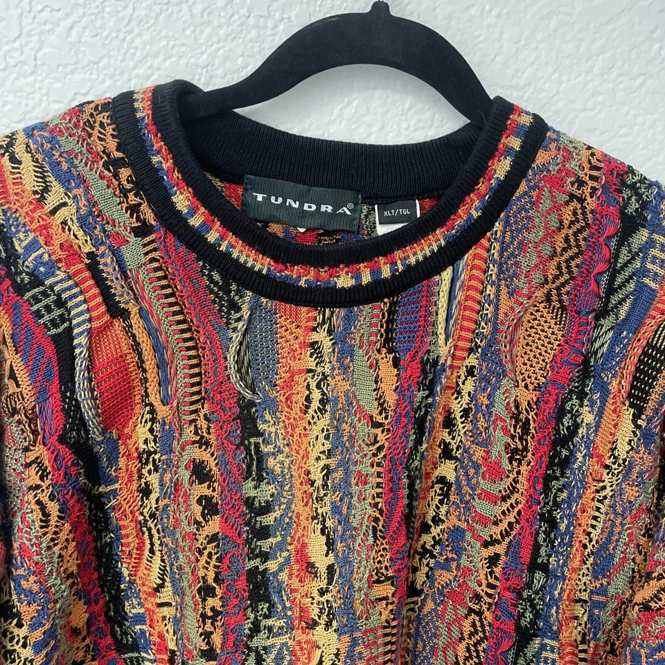 Vtg 90s Tundra Coogi Style Chunky 3D Knit Mercerized Cotton Colorful - XLT TALL - Image 2 of 4