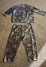 1940s Vintage Asian Silk Satin Paisley Print Chinese Embroidered Pajama Suit Set