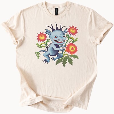 Blue Monster Flowers Tee Cute Creature Graphic TShirt Art Top