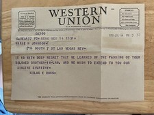1950 Telegram To Reno Nevada About Death Western Union Vintage