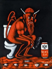 The Devil Smoking on the Toilet Original Black Velvet Oil Painting 16x20