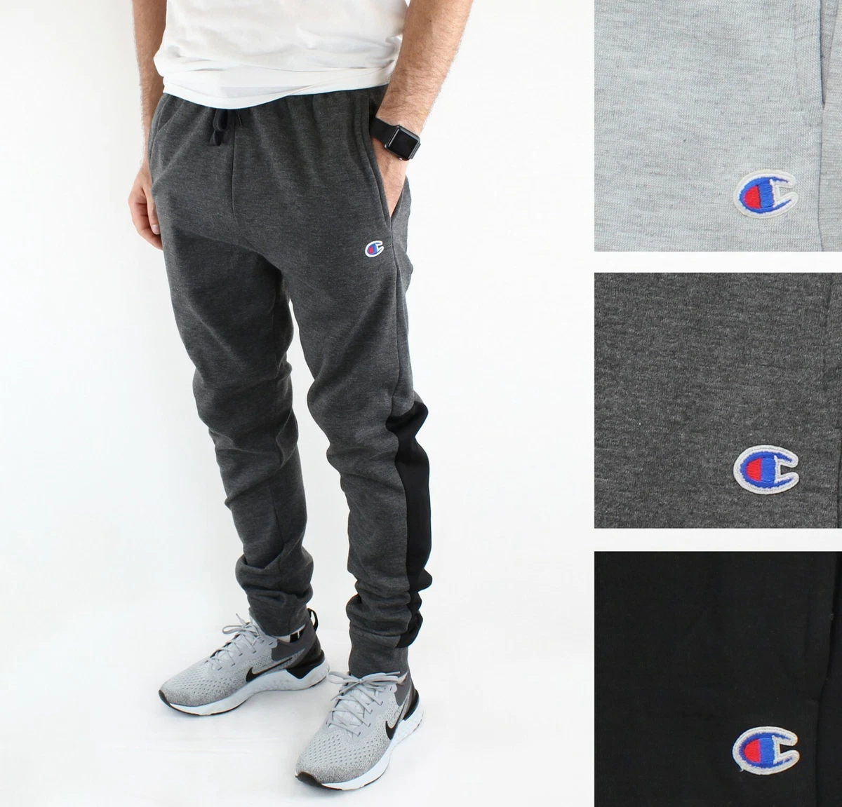 Champion Men's Jogger Fleece Active Athleticwear Gym Pants Side Half-Stripe  Slim