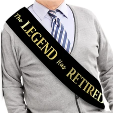 The Legend Has Retired Sash – Black & Gold Foil Retirement Party Sash with Pin