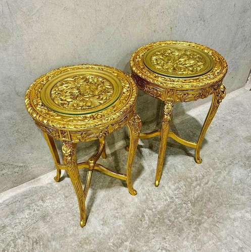 French Style Golden Side Table Glass Topped Gold Leaf Details - Picture 8 of 9