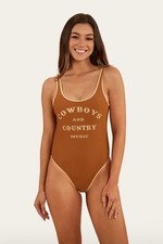 Ringers Western One Piece Size 12 Large High Cut Cheeky Brown Swimsuit Cowboy