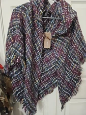 Modena Warm Poncho Shawl Shoulder Throw Cape 1 SZ Multicolor Pattern Fringe NWT