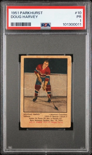 1951-52 Parkhurst Doug Harvey Rookie #10 PSA 1 - Montreal Canadiens - HOF RC
