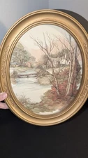 Vintage 1983 Homco Oval Gold Framed Countryside Art Print Under Matte Glass USA