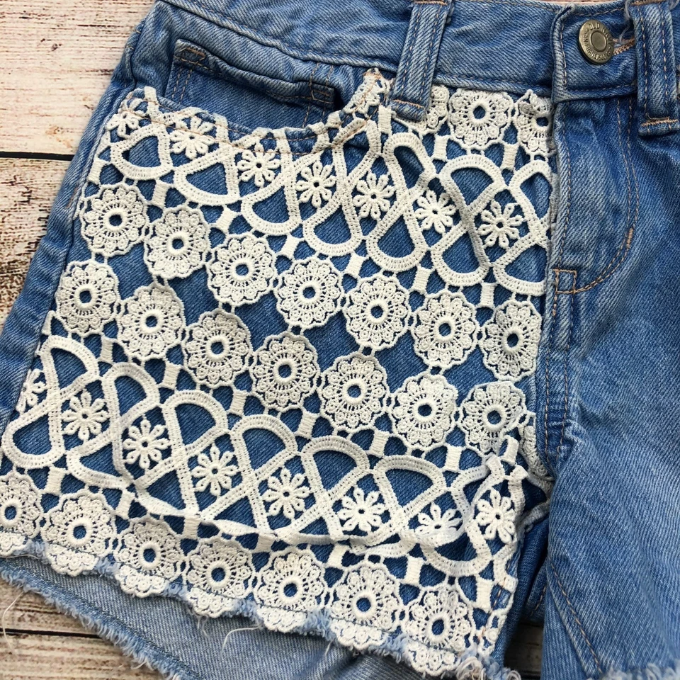 Pantalones Cortos Vaqueros Denim Vintage Azul Marino Niñas Talla 10 Crochet Encaje Bolsillos Diente de León G54 Foto 4 de 4