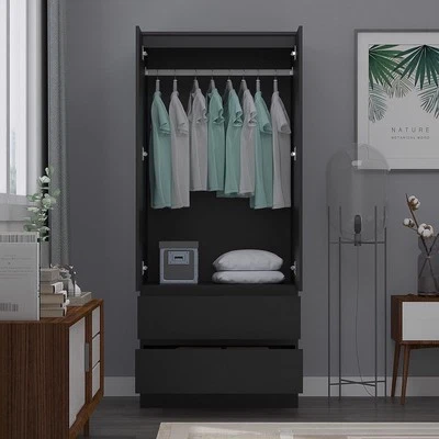 FWSTYLE Combination Modern Scandinavian Style Wardrobe 2 Doors 2 Deep Drawers Matt Black