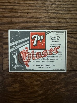 Vintage 1935 7Up Paper Bottle Label Glaser Beverages Advertising Ephemera